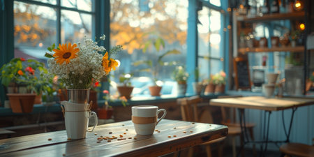 Coffee break in cozy cafe and natural background.の素材