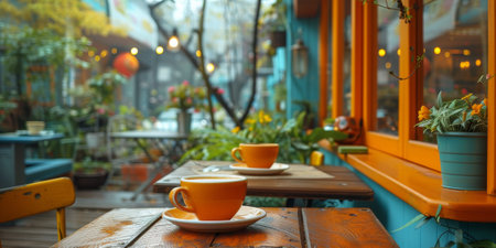 Coffee break in cozy cafe and natural background.の素材