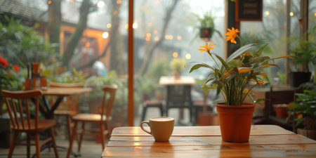 Coffee break in cozy cafe and natural background.の素材