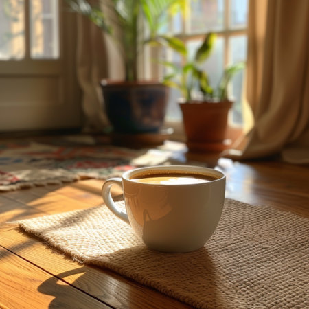 Coffee break in cozy cafe and natural background.の素材