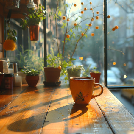Coffee break in cozy cafe and natural background.の素材