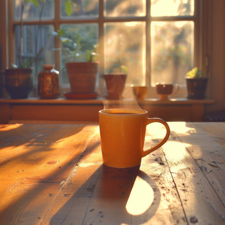 Coffee break in cozy cafe and natural background.の素材