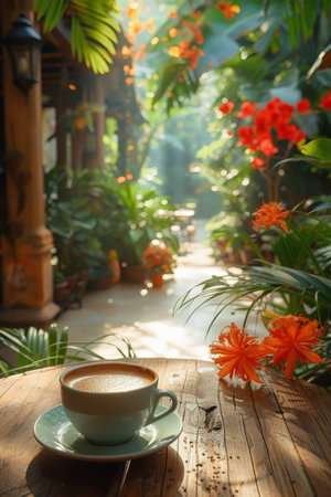 Coffee break in cozy cafe and natural background.の素材