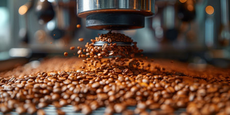 Weighing beautiful fresh dark roasted coffee beans in plastic transparent container against light brown wooden surfaceの素材