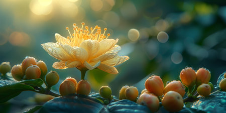 Coffee plant with blossom and fruits, with selective focus on blossomの素材
