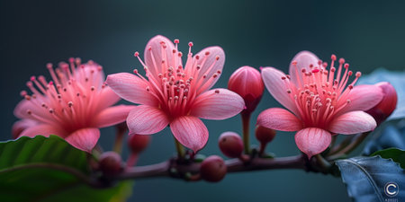 Coffee plant with blossom and fruits, with selective focus on blossomの素材