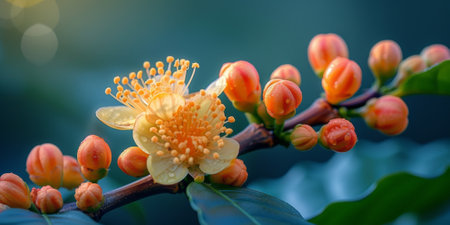 Coffee plant with blossom and fruits, with selective focus on blossomの素材