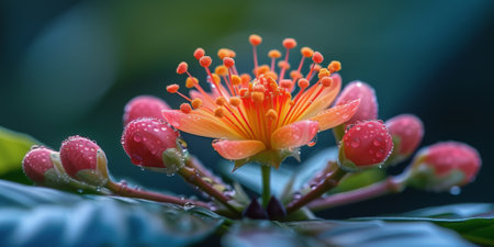 Coffee plant with blossom and fruits, with selective focus on blossomの素材