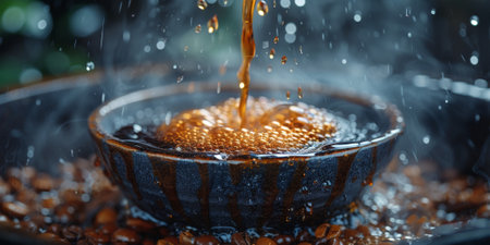 Making pour over coffee with hot water being poured from a kettleの素材