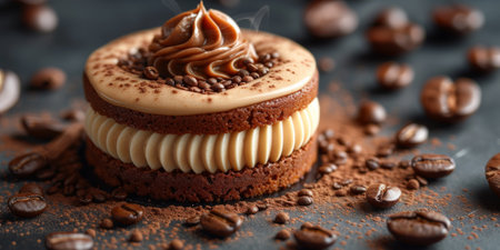 A homemade coffee infused cake served on a clean nice plate. Dessert food conceptの素材