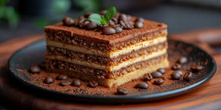 A homemade coffee infused cake served on a clean nice plate. Dessert food conceptの素材