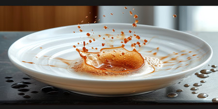 Black coffee in glass spilled and splash on a tableの素材