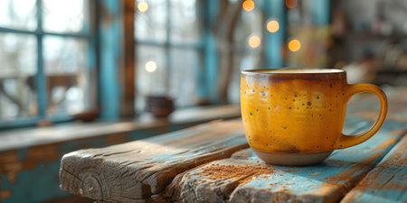 A cup of creamy coffee on a rustic wooden table of cozy cafe barの素材