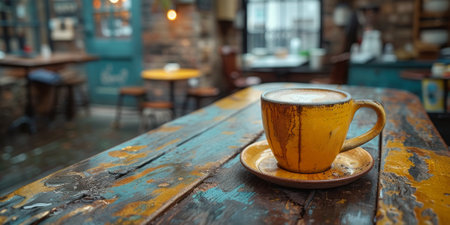 A cup of creamy coffee on a rustic wooden table of cozy cafe barの素材