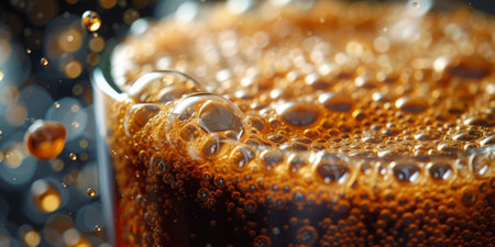 A close up, macro shot showing the bubbles and texture of a delicious, hot cup of brown coffee with a light layer of foam forming a pattern on top. Image has copy spaceの素材