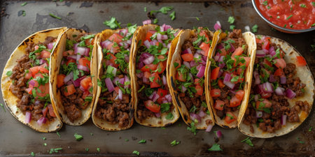 Street tacos in yellow corn tortilla with avocado, onion, cilantro and cabbage.の素材