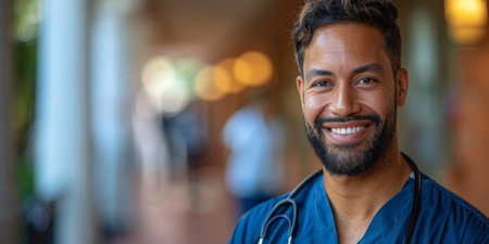 closeup portrait of friendly Healthcare Administrator or doctor medical worker in hospital.の素材
