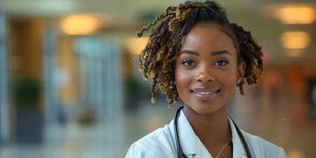 closeup portrait of friendly Healthcare Administrator or doctor medical worker in hospital.の素材
