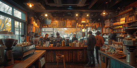Coffee Shop Bar Counter Cafe Restaurant Relaxation Concept. People doing workshop in cozy coffee shop art.の素材