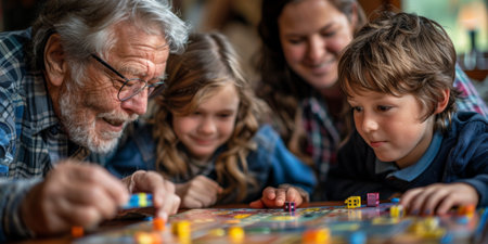 Happy family celebrating together at home. Multigenerational Household play enjoy time with familyの素材