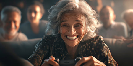 Happy family celebrating together at home. Multigenerational Household play enjoy time with familyの素材