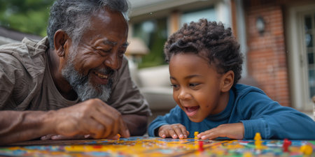 Happy family celebrating together at home. Multigenerational Household play enjoy time with familyの素材