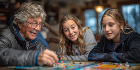 Happy family celebrating together at home. Multigenerational Household play enjoy time with familyの素材