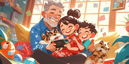 Happy family celebrating together at home. Multigenerational Household play enjoy time with familyの素材