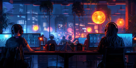 Successful team. Group of young business people working and communicating together in creative officeの素材