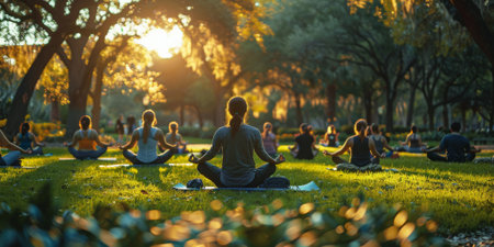 Group of adults attending a yoga class outside in park with natural backgroundの素材