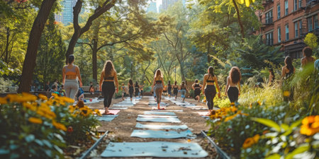 Group of adults attending a yoga class outside in park with natural backgroundの素材