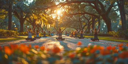 Group of adults attending a yoga class outside in park with natural backgroundの素材