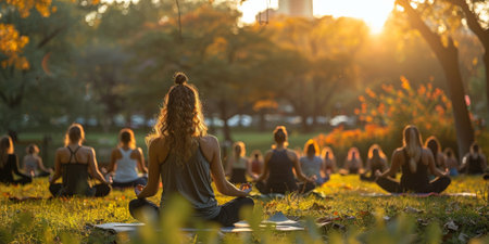 Group of adults attending a yoga class outside in park with natural backgroundの素材