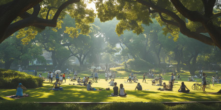 Group of adults attending a yoga class outside in park with natural backgroundの素材
