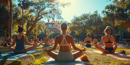 Group of adults attending a yoga class outside in park with natural backgroundの素材