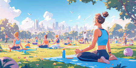 Group of adults attending a yoga class outside in park with natural backgroundの素材
