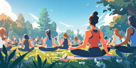 Group of adults attending a yoga class outside in park with natural backgroundの素材