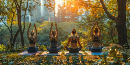Group of adults attending a yoga class outside in park with natural backgroundの素材