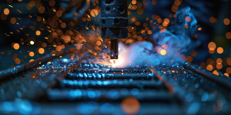 Welder erecting technical steel. Industrial steel welder in factory technicalの素材