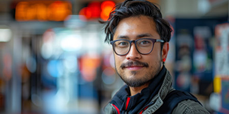 Modern Office. Portrait of Stylish Hispanic Businessman Works on Laptop, Does Data Analysis and Creative Designer, Looks at Camera and Smiles. Digital Entrepreneur Works on e-Commerce Startup Projectの素材