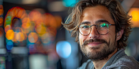Modern Office. Portrait of Stylish Hispanic Businessman Works on Laptop, Does Data Analysis and Creative Designer, Looks at Camera and Smiles. Digital Entrepreneur Works on e-Commerce Startup Projectの素材