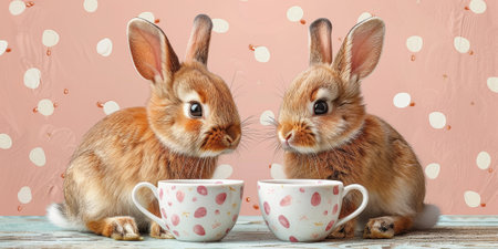 Little Easter bunny and Easter eggs on grass.の素材