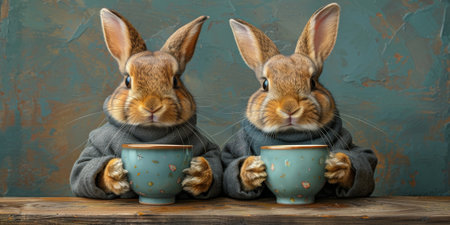 Little Easter bunny and Easter eggs on grass.の素材