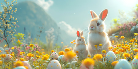 Little Easter bunny and Easter eggs on grass.の素材