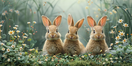 Little Easter bunny and Easter eggs on grass.の素材