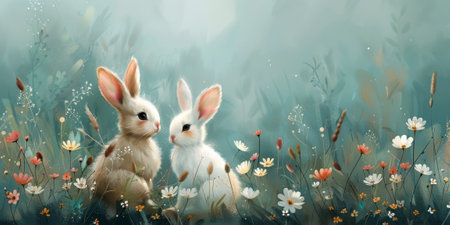 Little Easter bunny and Easter eggs on grass.の素材