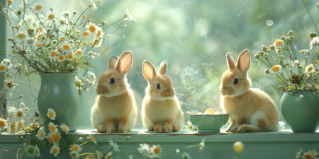 Little Easter bunny and Easter eggs on grass.の素材