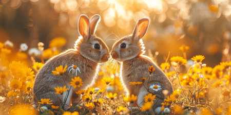 Little Easter bunny and Easter eggs on grass.の素材