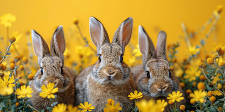 Little Easter bunny and Easter eggs on grass.の素材