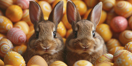 Little Easter bunny and Easter eggs on grass.の素材